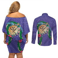 Hawaii Pikake and Maile Lei Couples Matching Off Shoulder Short Dress and Long Sleeve Button Shirt Honu Polynesian Pattern Purple Color