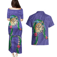 Hawaii Pikake and Maile Lei Couples Matching Puletasi and Hawaiian Shirt Honu Polynesian Pattern Purple Color