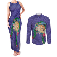 Hawaii Pikake and Maile Lei Couples Matching Tank Maxi Dress and Long Sleeve Button Shirt Honu Polynesian Pattern Purple Color