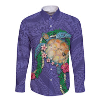 Hawaii Pikake and Maile Lei Long Sleeve Button Shirt Honu Polynesian Pattern Purple Color