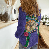 Hawaii Pikake and Maile Lei Women Casual Shirt Honu Polynesian Pattern Purple Color