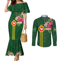 Manu'a Cession Day 120th Anniversary Couples Matching Mermaid Dress and Long Sleeve Button Shirt Polynesian Pattern and Hibiscus Flower LT03 Green - Polynesian Pride