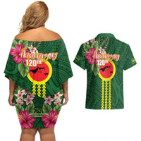 Manu'a Cession Day 120th Anniversary Couples Matching Off Shoulder Short Dress and Hawaiian Shirt Polynesian Pattern and Hibiscus Flower LT03 - Polynesian Pride