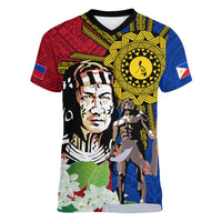 Philippines Lapu-Lapu Women V-Neck T-Shirt Filipino Sun Tattoo With Yakan Pattern