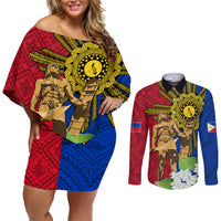 Philippines Lapu Lapu King Jasmine Flowers Couples Matching Off Shoulder Short Dress and Long Sleeve Button Shirt Filipino Sun Tattoo LT03 Red - Polynesian Pride