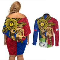 Philippines Lapu Lapu King Jasmine Flowers Couples Matching Off Shoulder Short Dress and Long Sleeve Button Shirt Filipino Sun Tattoo LT03 - Polynesian Pride