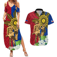 Philippines Lapu Lapu King Jasmine Flowers Couples Matching Summer Maxi Dress and Hawaiian Shirt Filipino Sun Tattoo LT03 Red - Polynesian Pride