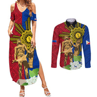 Philippines Lapu Lapu King Jasmine Flowers Couples Matching Summer Maxi Dress and Long Sleeve Button Shirt Filipino Sun Tattoo LT03 Red - Polynesian Pride