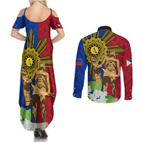 Philippines Lapu Lapu King Jasmine Flowers Couples Matching Summer Maxi Dress and Long Sleeve Button Shirt Filipino Sun Tattoo LT03 - Polynesian Pride