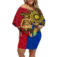 Philippines Lapu Lapu King Jasmine Flowers Off Shoulder Short Dress Filipino Sun Tattoo LT03 Women Red - Polynesian Pride