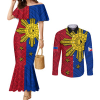Philippines Sun Batok Tattoo Couples Matching Mermaid Dress and Long Sleeve Button Shirt Polynesian and Yakan Pattern LT03 Red - Polynesian Pride