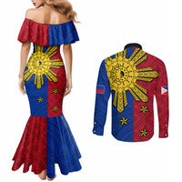 Philippines Sun Batok Tattoo Couples Matching Mermaid Dress and Long Sleeve Button Shirt Polynesian and Yakan Pattern LT03 - Polynesian Pride