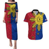 Philippines Sun Batok Tattoo Couples Matching Puletasi and Hawaiian Shirt Polynesian and Yakan Pattern LT03 Red - Polynesian Pride