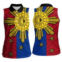 Philippines Sun Batok Tattoo Women Sleeveless Polo Shirt Polynesian and Yakan Pattern