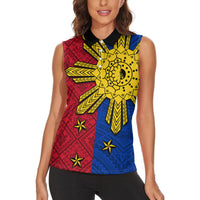 Philippines Sun Batok Tattoo Women Sleeveless Polo Shirt Polynesian and Yakan Pattern