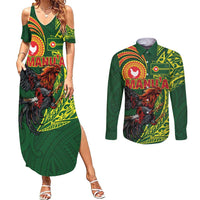 Proud of Manu'a Islands Couples Matching Summer Maxi Dress and Long Sleeve Button Shirt Rooster and Polynesian Art Wing Style LT03 Green - Polynesian Pride
