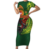 Proud of Manu'a Islands Family Matching Short Sleeve Bodycon Dress and Hawaiian Shirt Rooster and Polynesian Art Wing Style LT03 Mom's Dress Green - Polynesian Pride