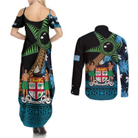 Fiji Day Couples Matching Summer Maxi Dress and Long Sleeve Button Shirt Palm Tree With Plumeria Tapa Tribal Pattern LT03 - Polynesian Pride