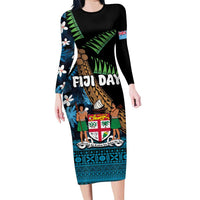 Fiji Day Family Matching Long Sleeve Bodycon Dress and Hawaiian Shirt Palm Tree With Plumeria Tapa Tribal Pattern LT03 Mom's Dress Blue - Polynesian Pride
