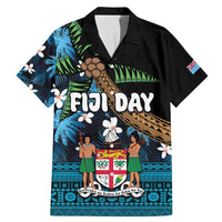 Fiji Day Family Matching Mermaid Dress and Hawaiian Shirt Palm Tree With Plumeria Tapa Tribal Pattern LT03 Dad's Shirt - Short Sleeve Blue - Polynesian Pride