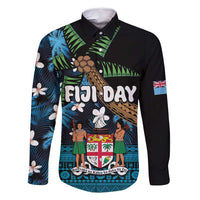 Fiji Day Family Matching Mermaid Dress and Hawaiian Shirt Palm Tree With Plumeria Tapa Tribal Pattern LT03 Dad's Shirt - Long Sleeve Blue - Polynesian Pride