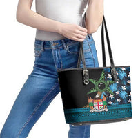 Fiji Day Leather Tote Bag Palm Tree With Plumeria Tapa Tribal Pattern