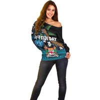 Fiji Day Off Shoulder Sweater Palm Tree With Plumeria Tapa Tribal Pattern LT03 - Polynesian Pride