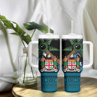 Fiji Day Tumbler With Handle Palm Tree With Plumeria Tapa Tribal Pattern