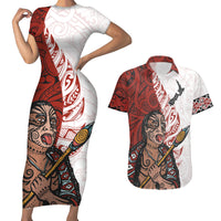 Maori Warrior Couples Matching Short Sleeve Bodycon Dress and Hawaiian Shirt Silver Fern New Zealand Map With Kowhaiwhai Pattern LT03 Red - Polynesian Pride