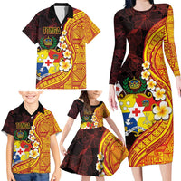 Tonga Culture Family Matching Long Sleeve Bodycon Dress and Hawaiian Shirt Ngatu Pattern with Plumeria and Hibiscus LT03 - Polynesian Pride