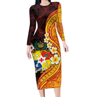Tonga Culture Family Matching Long Sleeve Bodycon Dress and Hawaiian Shirt Ngatu Pattern with Plumeria and Hibiscus LT03 Mom's Dress Black - Polynesian Pride