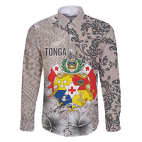Tonga Culture Family Matching Long Sleeve Bodycon Dress and Hawaiian Shirt Ngatu Pattern and Blooming Hibiscus LT03 Dad's Shirt - Long Sleeve Light Gray - Polynesian Pride