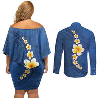Polynesian Hibiscus and Plumeria with Tapa Pattern Couples Matching Off Shoulder Short Dress and Long Sleeve Button Shirt Blue Color