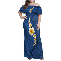 Polynesian Hibiscus and Plumeria with Tapa Pattern Family Matching Off Shoulder Maxi Dress and Hawaiian Shirt Blue Color LT03 Mom's Dress Blue - Polynesian Pride