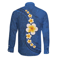 Polynesian Hibiscus and Plumeria with Tapa Pattern Family Matching Off Shoulder Short Dress and Hawaiian Shirt Blue Color