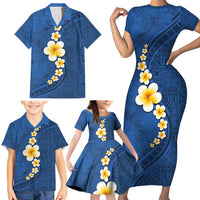 Polynesian Hibiscus and Plumeria with Tapa Pattern Family Matching Short Sleeve Bodycon Dress and Hawaiian Shirt Blue Color LT03 - Polynesian Pride