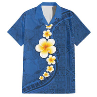 Polynesian Hibiscus and Plumeria with Tapa Pattern Family Matching Short Sleeve Bodycon Dress and Hawaiian Shirt Blue Color LT03 Dad's Shirt - Short Sleeve Blue - Polynesian Pride