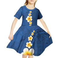 Polynesian Hibiscus and Plumeria with Tapa Pattern Kid Short Sleeve Dress Blue Color