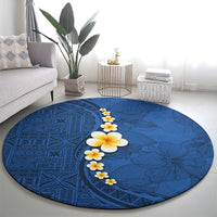 Polynesian Hibiscus and Plumeria with Tapa Pattern Round Carpet Blue Color
