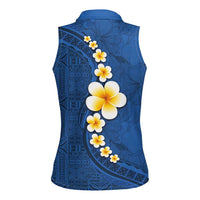 Polynesian Hibiscus and Plumeria with Tapa Pattern Women Sleeveless Polo Shirt Blue Color