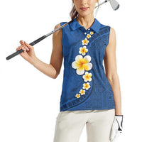 Polynesian Hibiscus and Plumeria with Tapa Pattern Women Sleeveless Polo Shirt Blue Color
