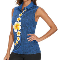 Polynesian Hibiscus and Plumeria with Tapa Pattern Women Sleeveless Polo Shirt Blue Color