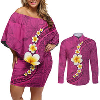 Polynesian Hibiscus and Plumeria with Tapa Pattern Couples Matching Off Shoulder Short Dress and Long Sleeve Button Shirt Pink Color