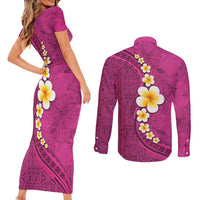 Polynesian Hibiscus and Plumeria with Tapa Pattern Couples Matching Short Sleeve Bodycon Dress and Long Sleeve Button Shirt Pink Color