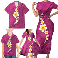 Polynesian Hibiscus and Plumeria with Tapa Pattern Family Matching Short Sleeve Bodycon Dress and Hawaiian Shirt Pink Color LT03 - Polynesian Pride