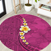 Polynesian Hibiscus and Plumeria with Tapa Pattern Round Carpet Pink Color