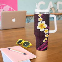 Polynesian Hibiscus and Plumeria with Tapa Pattern Tumbler With Handle Pink Color