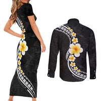 Pacific Hibiscus and Plumeria with Tapa Pattern Couples Matching Short Sleeve Bodycon Dress and Long Sleeve Button Shirt Black Color