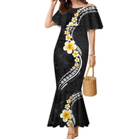 Pacific Hibiscus and Plumeria with Tapa Pattern Family Matching Mermaid Dress and Hawaiian Shirt Black Color LT03 Mom's Dress Black - Polynesian Pride