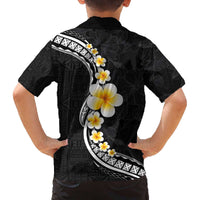 Pacific Hibiscus and Plumeria with Tapa Pattern Family Matching Off Shoulder Short Dress and Hawaiian Shirt Black Color